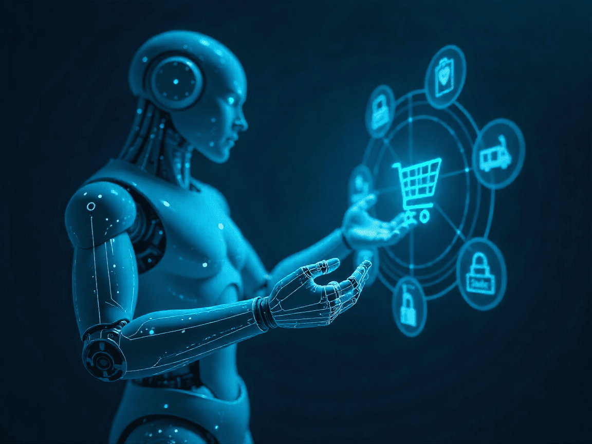 Futuristic robot utilizing artificial intelligence to manage secure online shopping and e-commerce logistics